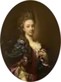 Portrait en médaillon d'une jeune femme à haute coiffure, vêtue de rouge et de bleu