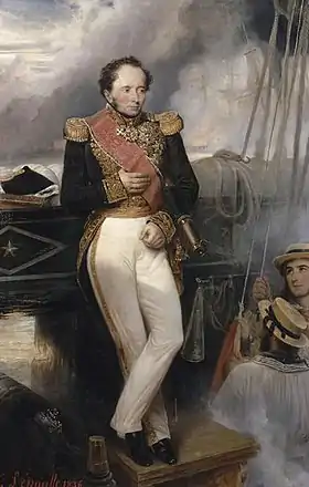 tableau XIXe : portrait d'homme en pantalon blanc et veste d'apparat, une longue-vue sous le bras, appuyé au bastingage d'un navire