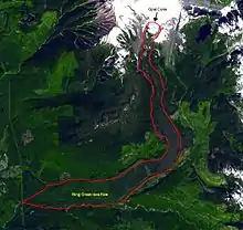 Vue satellite annotée montrant la coulée de lave de Ring Creek.