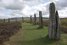 Une partie d'un cercle de pierres dressées sur de l'herbe. Des collines sont visibles à l'arrière plan.