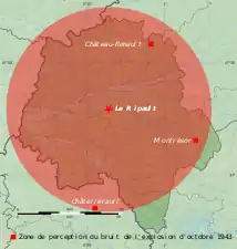 Carte montrant, par un cercle en couleur, la zone géographique où un bruit a été perçu.