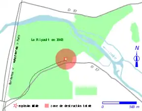 Carte montrant, par un cercle en couleur, la zone de dégâts majeurs d'une explosion.