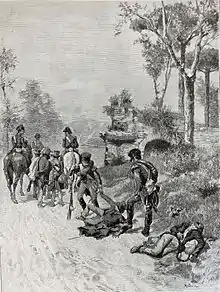 Dessin en noir et blanc représentant des soldats dont certains à cheval surveillant un petit groupe de prisonniers près de deux cadavres de paysans