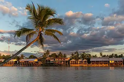 Berge de l'île de Don Khon au Si Phan Don avec des maisons en bois sur pilotis, au soleil à l'heure dorée, vue depuis Don Det avec un Arecaceae (palmier) penché au premier plan et des nuages colorés. Décembre 2018.