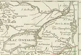 Sur cette carte de Guillaume Delisle rééditée en 1782, la portion de Montréal jusqu'au lac Ontario est identifiée comme Rivière de Cataracoui ou des Iroquois.
