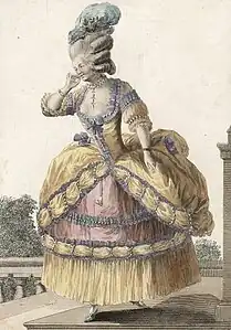 Gravure de mode, Rrobe circassienne ornée de perles, rubans et ruchés mauves.