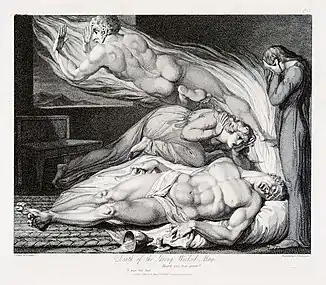 Death of the Strong Wicked Man (1808), l'une des gravures de Schiavonetti d'après William Blake pour Le Tombeau, de Robert Blair.