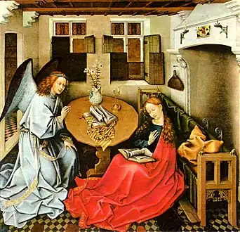 Peinture. L'ange et Marie sont placés de part et d'autre d'une pièce dans un intérieur où il reste peu de place libre.