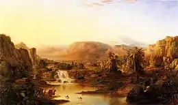 Tableau en sépia ; vallée entourée de petites montagnes abruptes ; au fond, un lac où se baignent quelques silhouettes et qu'alimente une cascade impressionnante par son débit ; un bosquet de palmiers ; arrière-plan et centre baignés de lumière