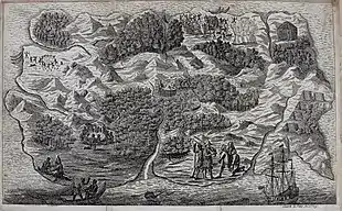 Carte illustrée de l'île de Robinson Crusoe, publiée dans Serious Reflections of Robinson Crusoe par Daniel Defoe.