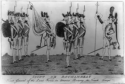 Le comte de Rochambeau passant ses troupes en revue, caricature américaine anonyme de 1780.