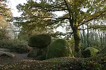 "Boule" de granite posée sur une masse de granite affleurante, à l'ombre d'un chêne jauni par l'automne.
