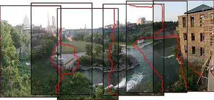 Exemple de détection de zones de recouvrement pour l'assemblage d'un panorama : une série de six images sont assemblées en panorama, une ligne rouge délimitant les zones de recouvrement.