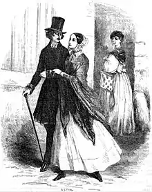 Gravure représentant un homme élégant portant canne et haut-de-forme, donnant le bras à une jeune femme en robe. Une femme en arrière-plan les regarde.