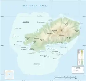 Carte de l'île Rodrigues, avec l'ile Frégate, à l'ouest,au large de la baie Topaze.