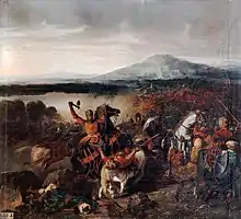 Tableau d'une scène de bataille, au premier plan, un cavalier sur un cheval noir frappe avec sa hache un autre cavalier