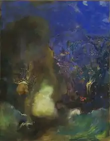 Peinture dans laquelle on distingue une femme attachée sur un rocher et un cavalier sur une monture volante en partie caché par la fumée, qui vient la délivrer.