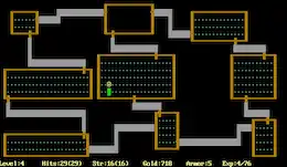 Un écran de jeu avec des rectangles rouges et des points bleus, un personnage minimaliste se déplaçant dedans.