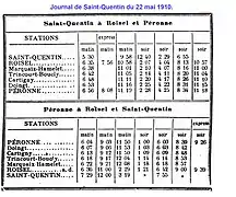 Horaire de la ligne Péronne - Roisel - Saint-Quentin en 1910.