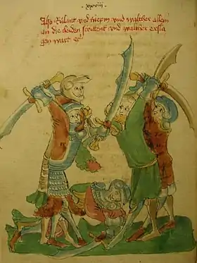 Illustration du Moyen Âge montrant deux chevaliers tenant de grandes épées, combattant contre d'autres guerriers.