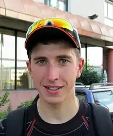 Romain Hardy, à Saint-Maurice-de-Beynost, au soir de la 2e étape qui l'a vu endosser le maillot vert (Tour de l'Ain 2011).