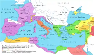 Carte de l'Europe. L'Occident romain à Octavien. Italie indivise. Orient romain à Antoine. Égypte, Maghreb, Palestine et Anatolie orientale clientes de Rome.