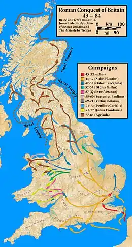 Campagnes dans le nord de l'Angleterre de Vettius Bolanus (69-71), Petillius Cerialis (71-73) et au pays de Galles de Frontin (73-77)