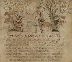 page de manuscrit, avec dans la moitié inférieure du texte en capitales rouges ; dans la partie supérieure, à gauche, un berger qui joue de la flûte, assis contre un arbre ; au centre, un berger debout qui le salue ; à droite, un second arbre derrière lequel se cachent des chèvres