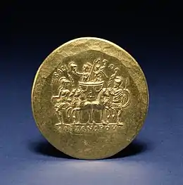 Revers d'un médaillon à l'effigie d'Alexandre et de Niké montés sur un char, flanqués de Roma et Mars.