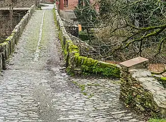 Détails du pavement en lauzes, du caniveau et du parapet