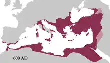 Carte du bassin méditerranéen montrant en rouge l'Empire byzantin en 600