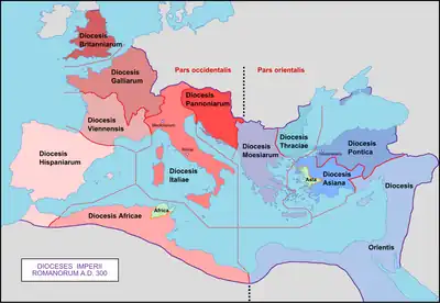 Carte de l'Empire avec les diocèses (an 300) et les préfectures (395)