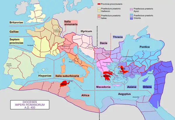 Carte de la division administrative de l'Empire en 395