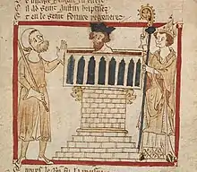 Miniature représentant un roi dans son château entouré par deux personnages, dont un évêque à droite