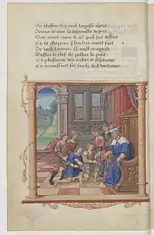 Dans un palais, un personnage sur un trône reçoit deux chevaliers entourés de 5 autres personnages.