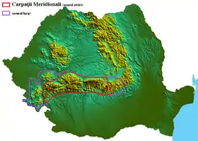 Carte de localisation des Alpes transylvaines (en rouge) dans les Carpates roumaines.