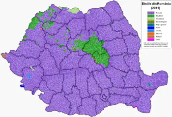 Îlots linguistiques en Roumanie, en vert les régions magyarophones