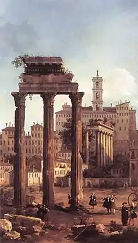 Vestiges du Forum Romain avec au premier plan les colonnes du temple des Dioscures, 1742.