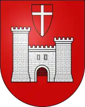 Blason de la ville de Romont avec le dessin d'un château et d'une croix de Savoie.