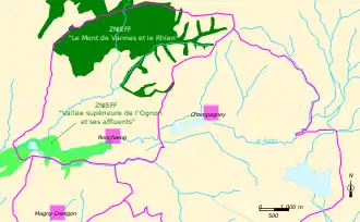 Carte des limites de trois communes faisan apparaître en vert les ZNIEFF.
