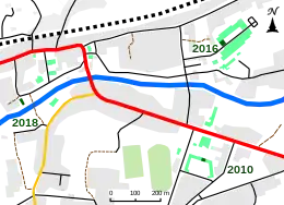 Carte du centre-ville, où les bâtiments desservis par les chaufferies bois apparaissent en vert.