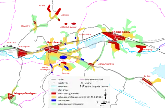Vue d'une carte en couleur représentant les étapes de développement du bâti.