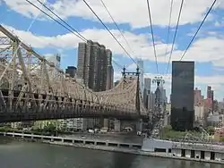 Vue depuis une cabine au-dessus de l'East River avec le pont de Queensboro à gauche et Manhattan en face.