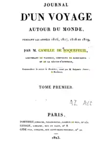 Page de garde du Journal d'un voyage autour du monde de Camille de Roquefeuil, 1823.