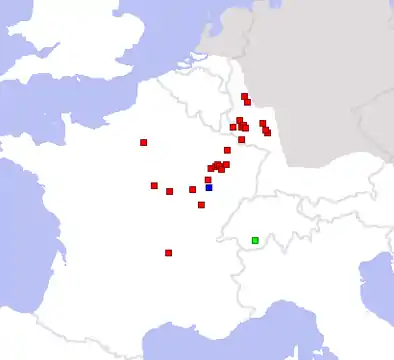 Carte des lieux ayant livré des inscriptions invoquant Rosmerta (en rouge), ainsi que Cantismerta (vert) et Atesmerta (bleu).
