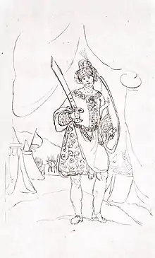 Dessin au crayon d'un homme debout portant une couronne et montrant son épée.