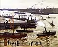Peinture représentant des quais autour d'un port sillonné de navires sombres et de fumées