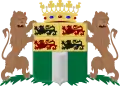 blason constitué d'un drapeau vert et blanc et de quatre lions en miniature encadré par deux lions de part et d'autre et surmonté par une couronne jaune