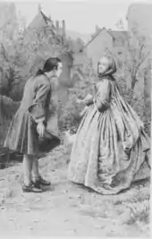 Gravure. Devant une maison, une femme en crinoline et revêtue d'un capuchon couvrant ses cheveux, représentant Madame de Warens, est tournée de trois quart vers un jeune homme s'inclinant vers elle, chapeau dans la main droite. La scène représente la rencontre de Madame de Warens avec le jeune Jean-Jacques Rousseau.