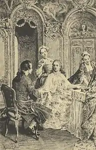 Mme Dupin reçoit Jean-Jacques Rousseau dans son hôtel de la rue Plâtrière.